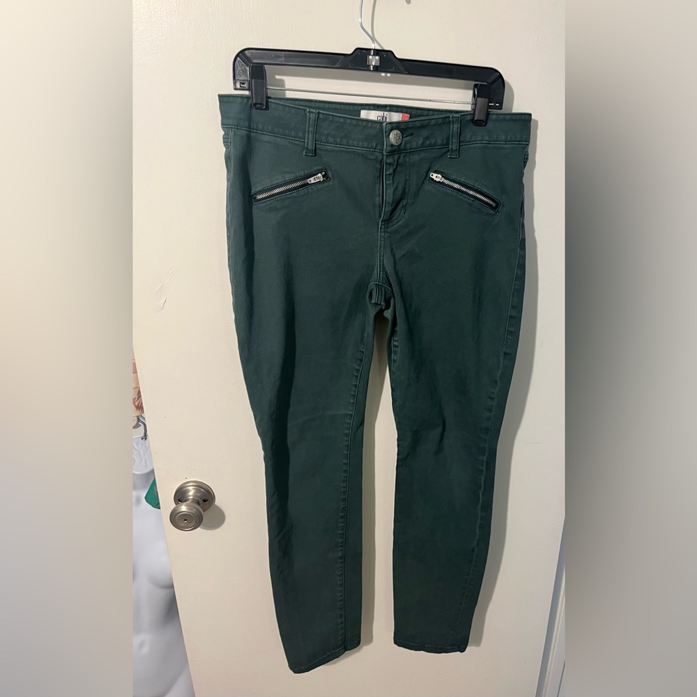 CAbi Forest Green front zipper pockets Skinny Jeans Size 10